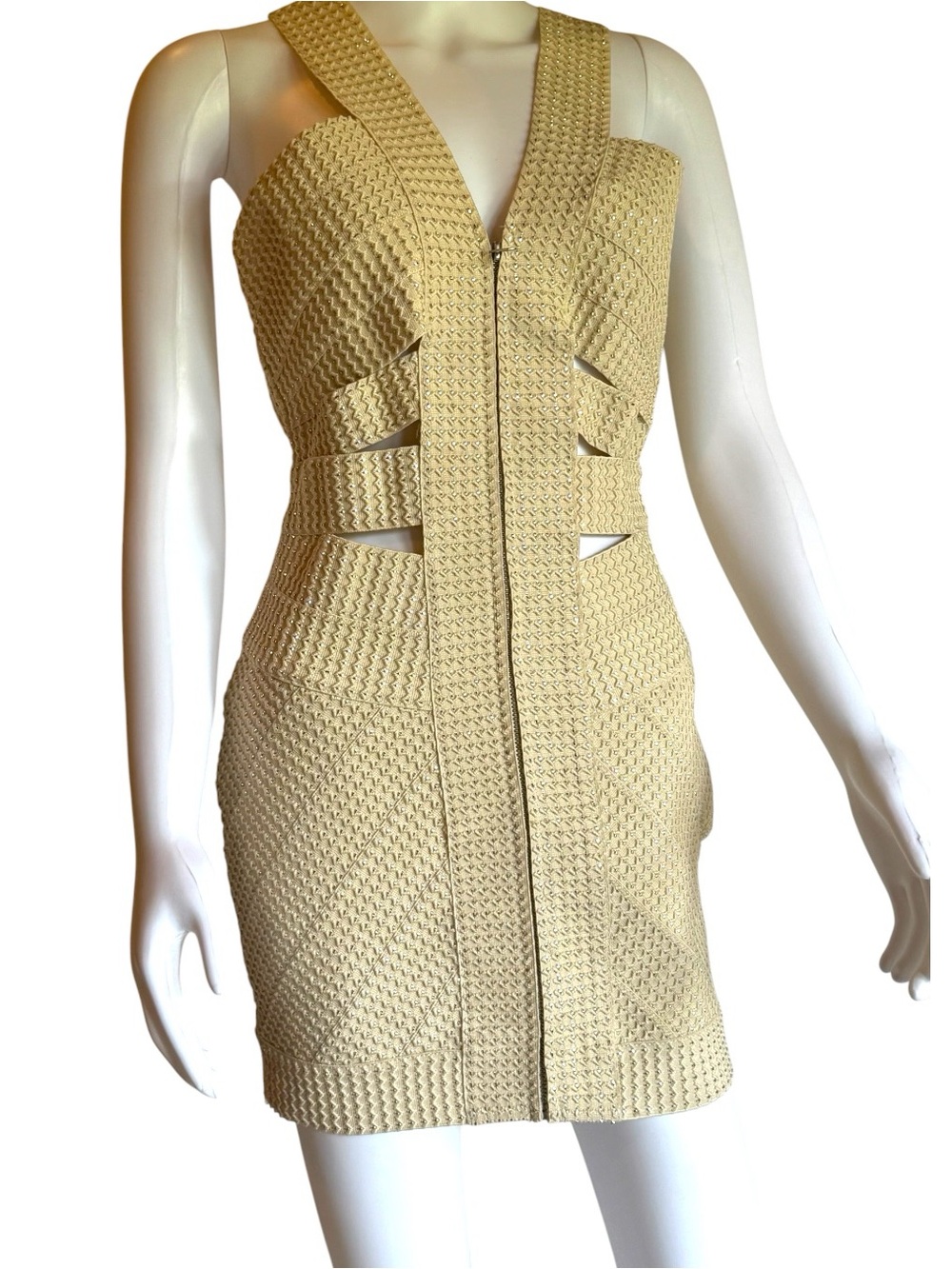 WOW couture Beige Textured Cutout Bandage Mini Dress